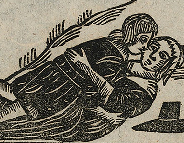 Ett kärlekspar ligger och kramas, påklädda. En man och en kvinna, gräs i bakgrunden. Mannens hatt ligger vid sidan. Gammalt träsnitt, 1600-tal.